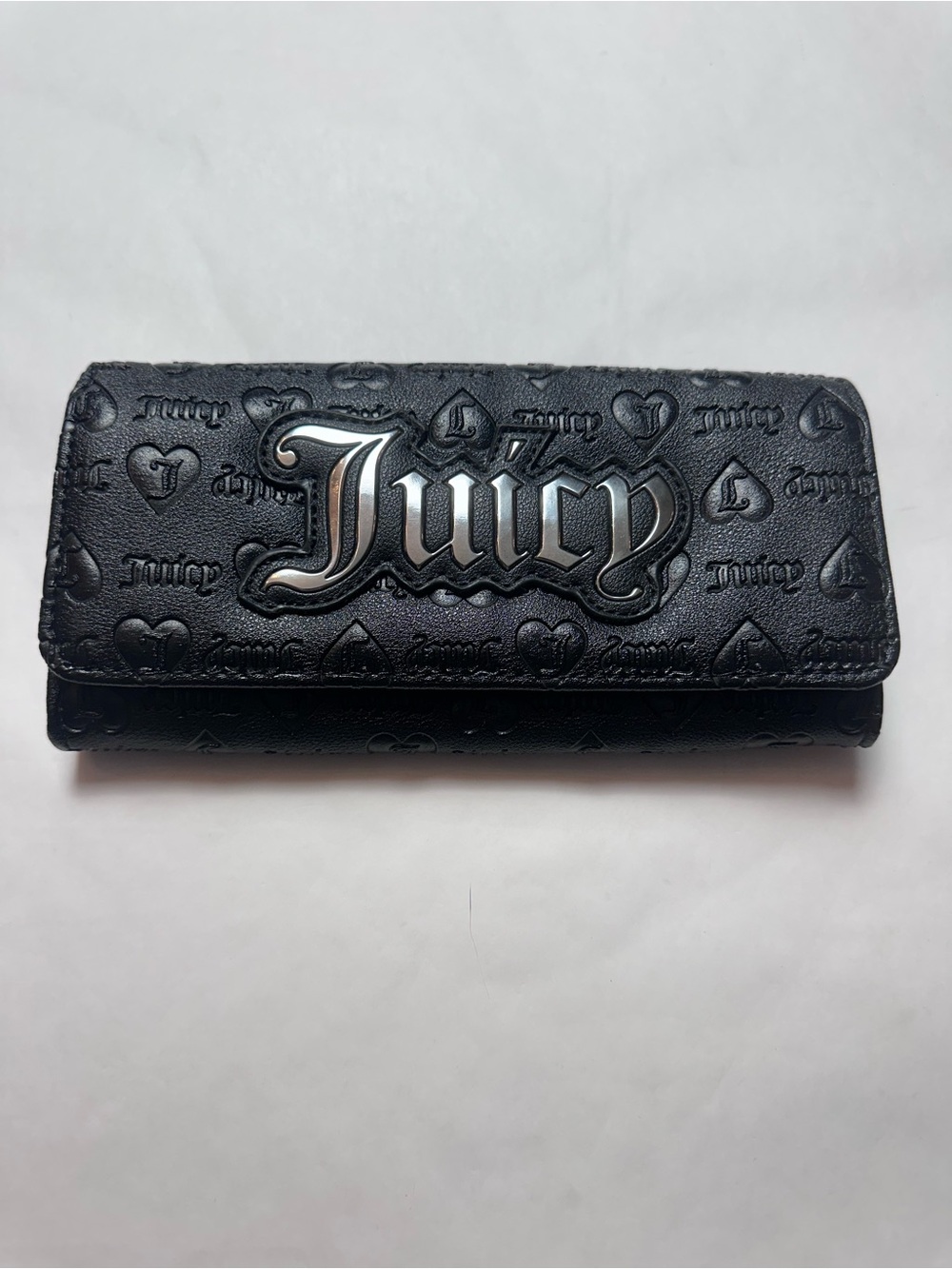 Juicy Couture Black Embossed Trifold Wallet Gothic Logo Y2K McBling